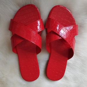 Women criss cross strap peep toe snakeskin flat slide sandals