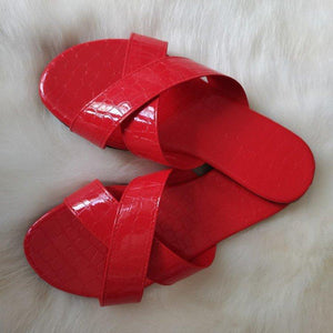 Women criss cross strap peep toe snakeskin flat slide sandals
