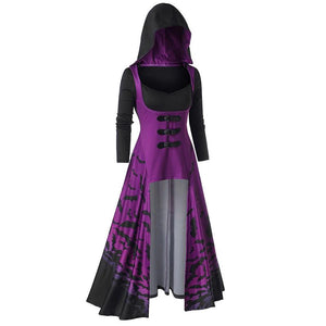 Women hoodie cape bat printed swing buckle strap maxi dresses