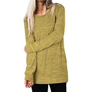 Women solid color mid-long slit hem pullover crewneck sweatshirt