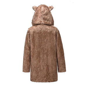Women cute hoodie winter warm long sleeve faux fur coat