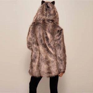 Women cute hoodie winter warm long sleeve faux fur coat