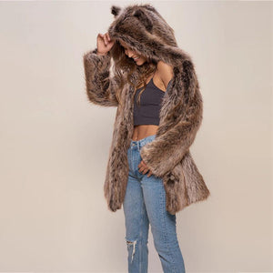 Women cute hoodie winter warm long sleeve faux fur coat