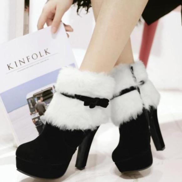 Women's high heeled platform Christmas booties bowknot cute fluffy zipper ankle boots