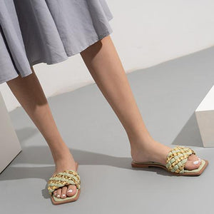 Women square peep toe gold woven strap summer slide sandals