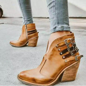 Women's V shape block heel ankle boots vintage buckle strap booties