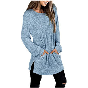 Women solid color mid-long slit hem pullover crewneck sweatshirt