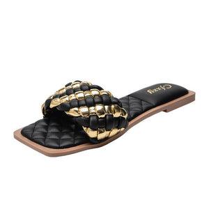Women square peep toe gold woven strap summer slide sandals