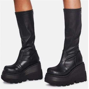 Women mid calf chunky platform fashion black boots