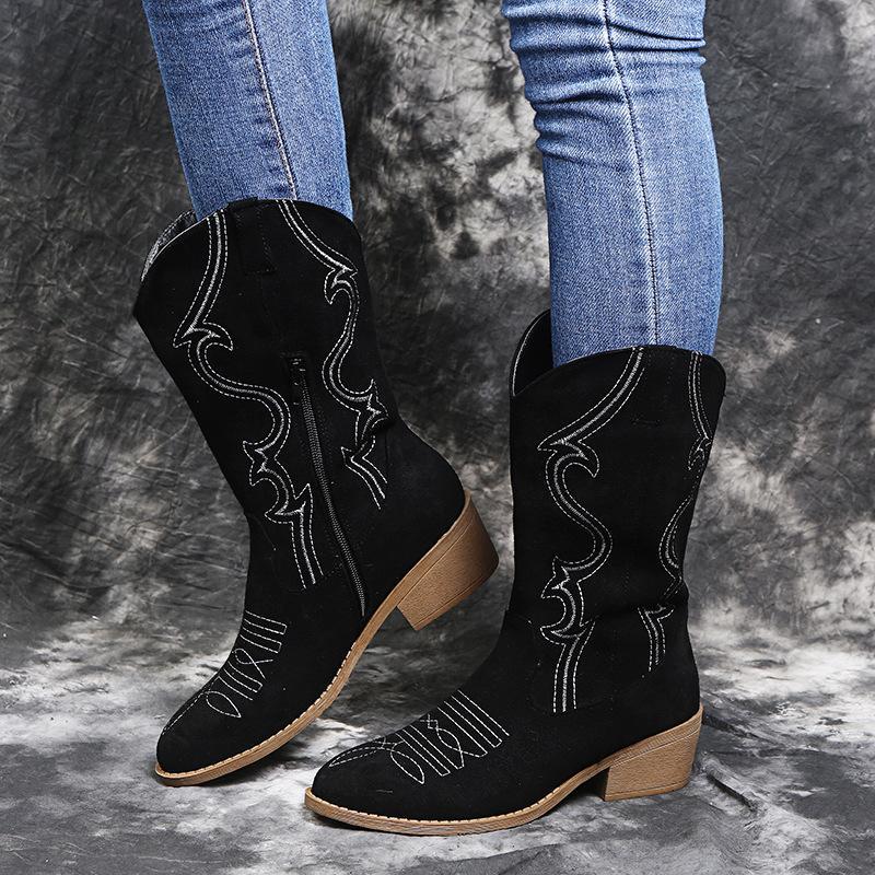 Women's vintage flower embroidery mid calf cowboy boots chunky square heel boots