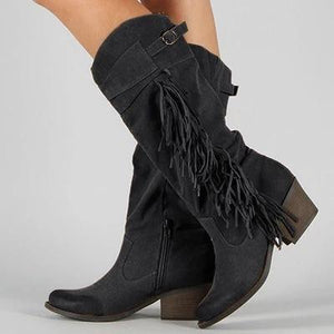 Women's suede tassels mid calf boots square heel winter boots