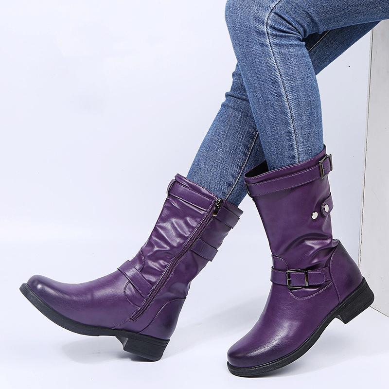 Women's buckle strap mid calf motorcycle boots low heel