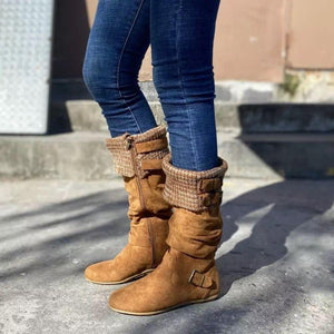 Women woven buckle strap side zipper flat knee high boots