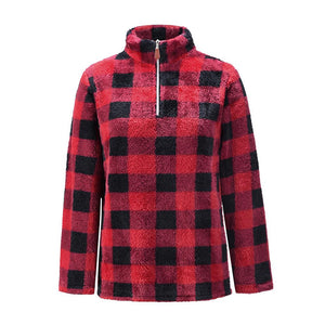 Women faux fur sweatshirt plaid camouflage quarter zip pullover