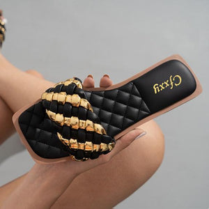 Women square peep toe gold woven strap summer slide sandals