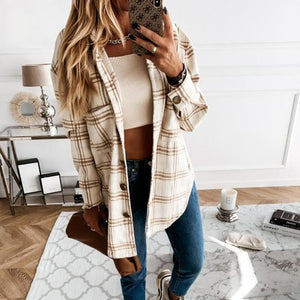 Women fashion loose turn-down collar fall plaid coat