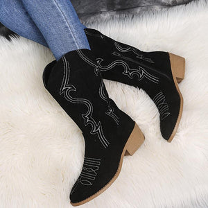 Women's vintage flower embroidery mid calf cowboy boots chunky square heel boots