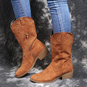 Women's vintage flower embroidery mid calf cowboy boots chunky square heel boots