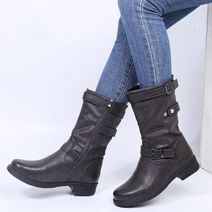 Women's buckle strap mid calf motorcycle boots low heel