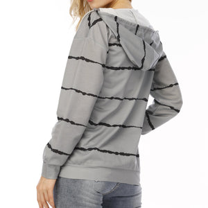 Women stripe printed sports drawstring zip up hoodies