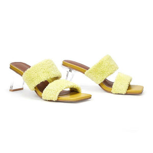 Women yellow two strap clear 
heel slide sandals