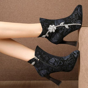 Women's heeled flower crystal décor ankle boots pointed toe zipper boots