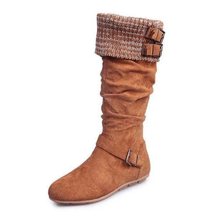 Women woven buckle strap side zipper flat knee high boots
