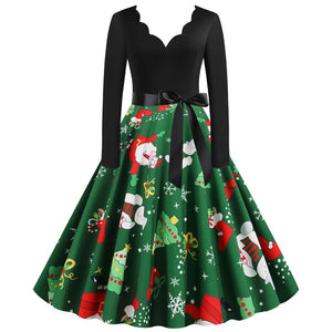 Women's big swing vintage print Chritstmas party dress A-line V-neck sexy new year party dress