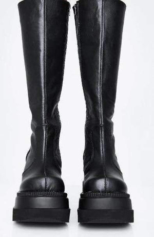 Women mid calf chunky platform fashion black boots