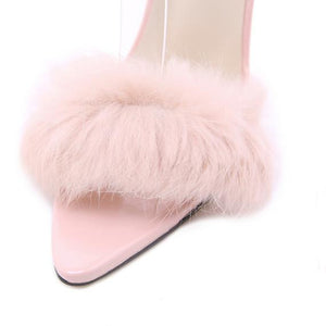 Women fluffy pointed pee poe criss cross ankle strap stiletto high heels