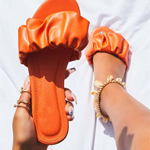 Women ruffle one strap flat 
summer slide sandals