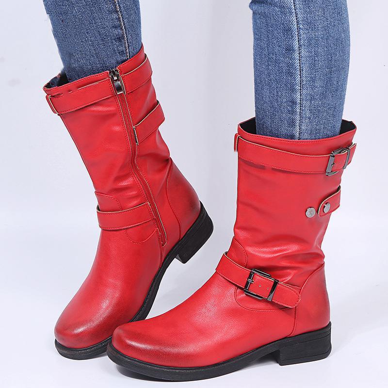 Women's buckle strap mid calf motorcycle boots low heel