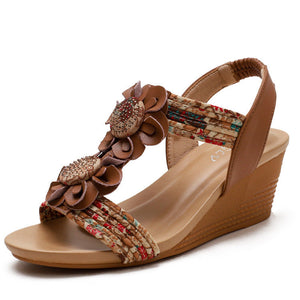 Women flower d¨¦cor peep toe slingback elastic strap wedge sandals