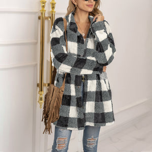 Women winter fall long sleeve color block plaid cardigan