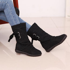 Women mid calf back lace up pleated flat boots