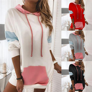 Women color block long sleeve drawstring hoodie sweatshirt with pocket