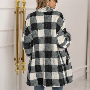 Women winter fall long sleeve color block plaid cardigan