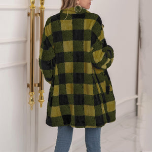 Women winter fall long sleeve color block plaid cardigan