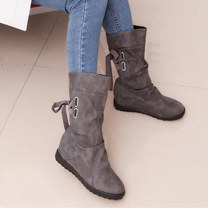 Women mid calf back lace up pleated flat boots