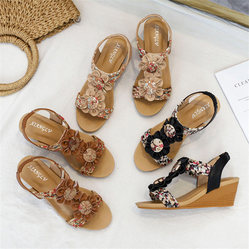 Women flower  peep toe slingback elastic strap wedge sandals