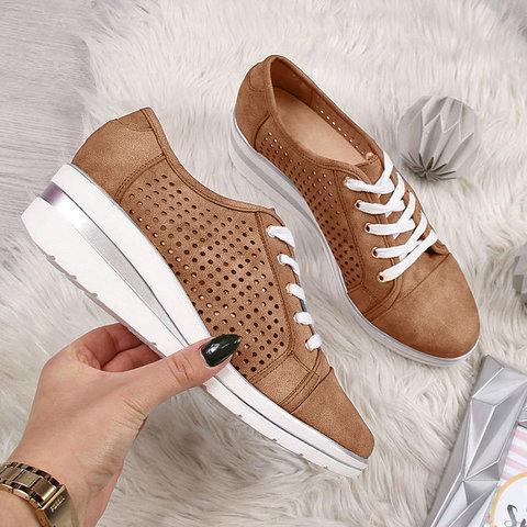 Women Fashion Lace Up Hollow Out Wedge Heel Sneakers - fashionshoeshouse