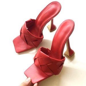 Women woven strap square peep toe wine block high heels