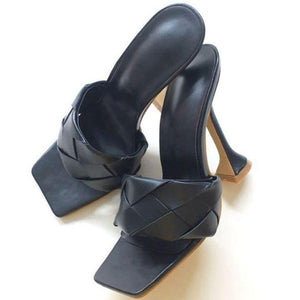 Women woven strap square peep toe wine block high heels