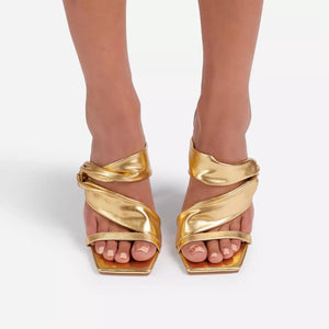 Women square peep toe strap slip on chunky high heels