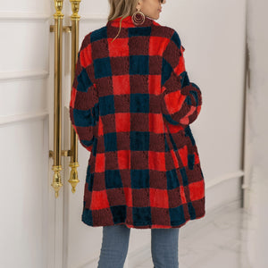 Women winter fall long sleeve color block plaid cardigan