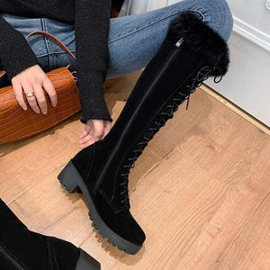 Women chunky heel knee high faux fur winter lace up boots
