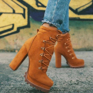 Women's suede chunky high heel ankle boots rivets décor front lace booties