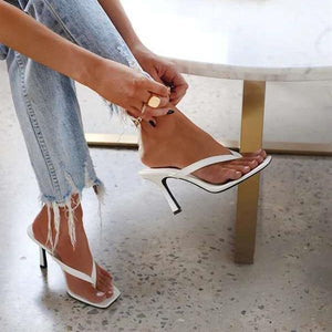 Women solid square toe stiletto slide flip flop heels