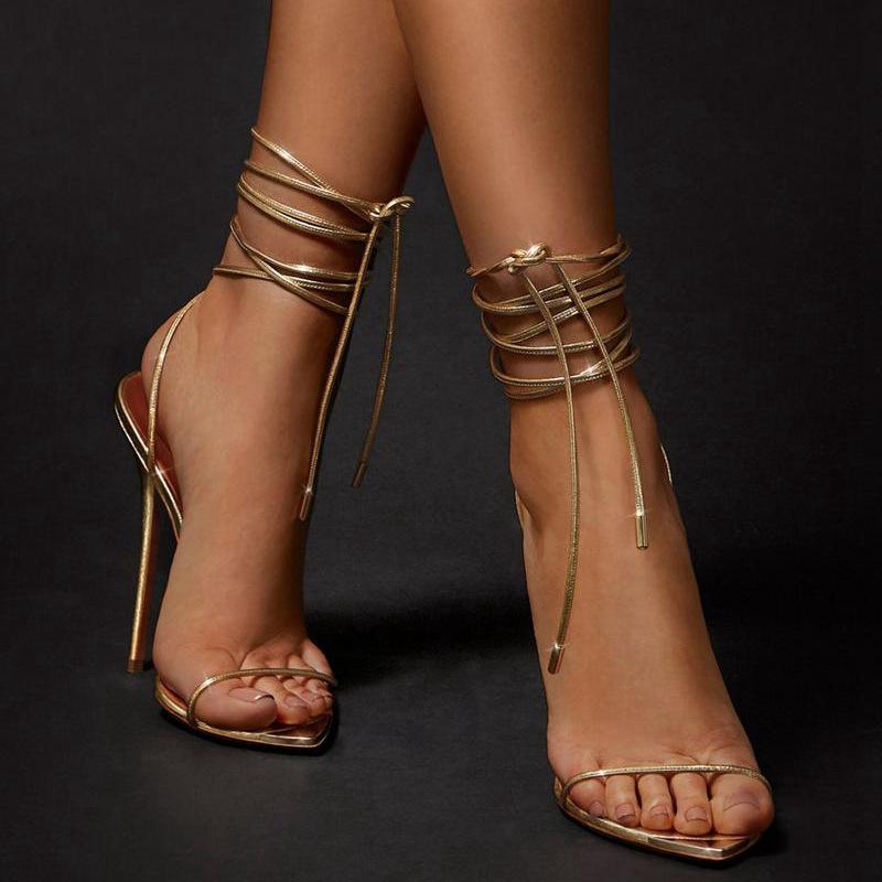 Women pointed open toe slingback lace up strappy gold high heels