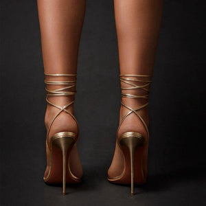 Women pointed open toe slingback lace up strappy gold high heels